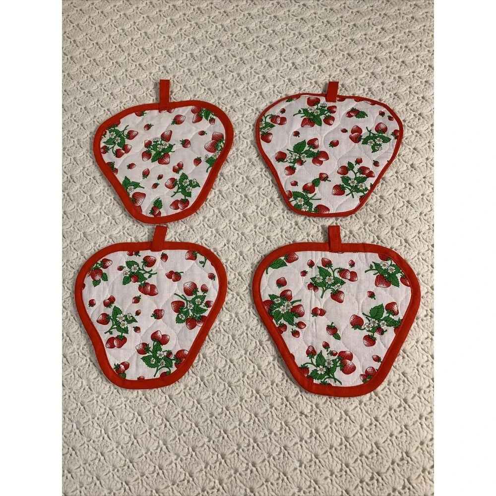 Set of 4 strawberry shaped cloth quilted handmade trivets Thin